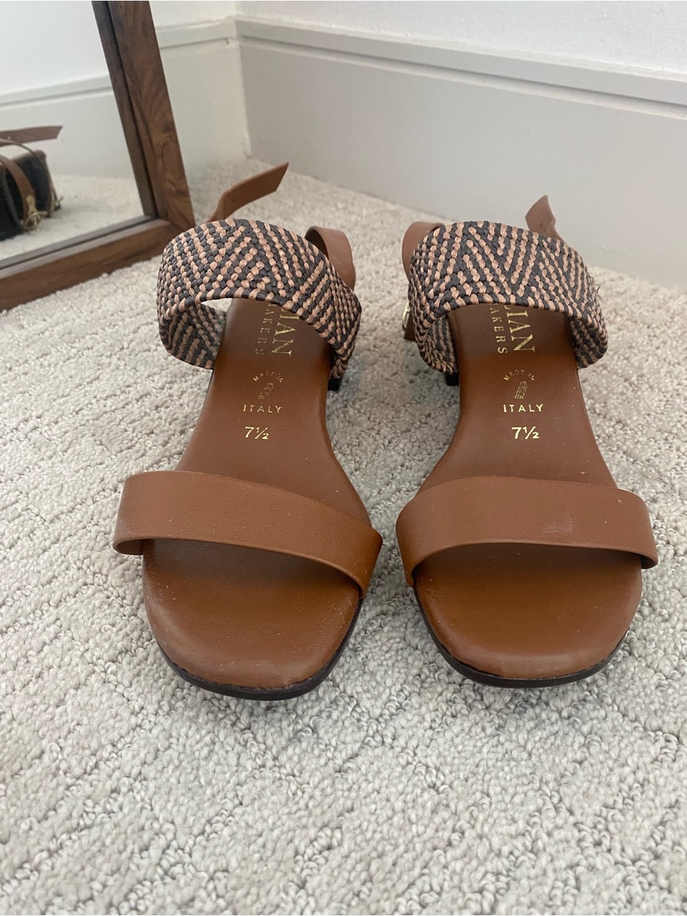 Italian Shoemakers Brown Leather and Woven Strap Sandals